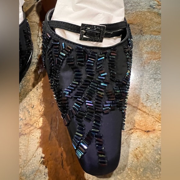 Vintage 90s Ann Marino Navy Blue 💙Midnight Beaded Iridescent Buckle Mules 8 1/2 - Picture 2 of 5